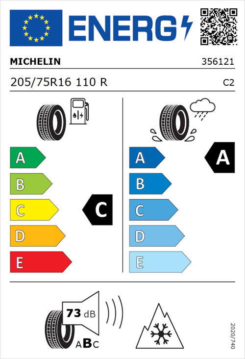 Tyre Label for Michelin Agilis CrossClimate 205/75R16 110R