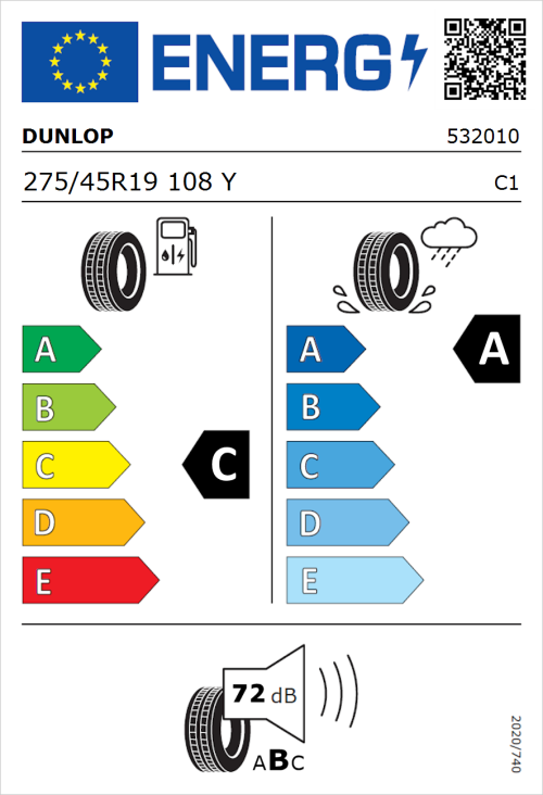 Tyre Label for Dunlop Sportmaxx RT 2 SUV 275/45R19 108Y