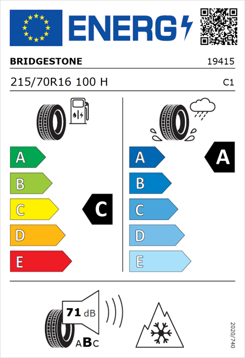 Tyre Label for Bridgestone Weather Control A005 EVO 215/70R16 100H