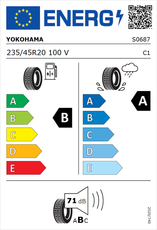 Tyre Label for Yokohama Advan Sport EV V108 235/45R20 100V
